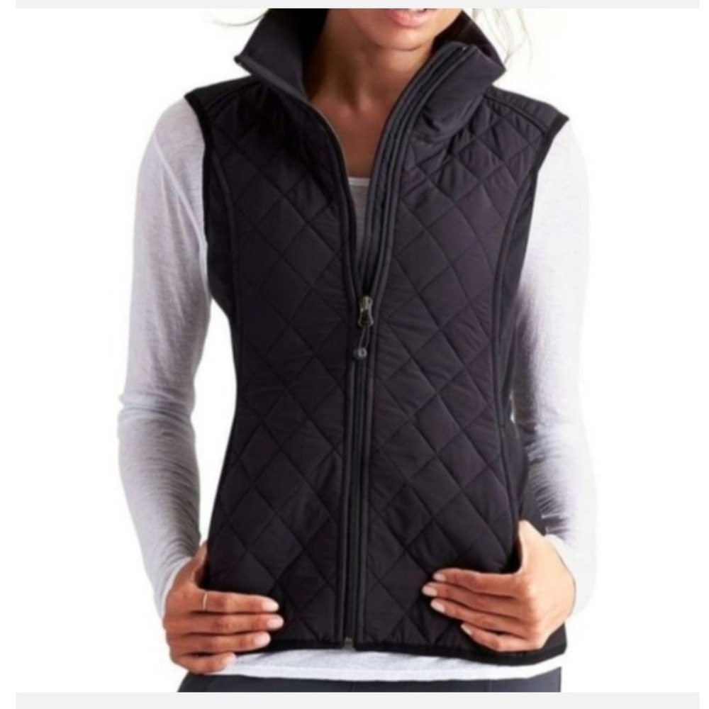 Athleta Womens Black Quilted Upside Vest Diamond Stitch Mock Neck Small 65336‎
